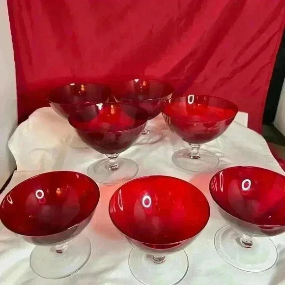Vtg. 7-  Cranberry Glass, footed Sherbet glasses/ wafer stems - Picture 5 of 7